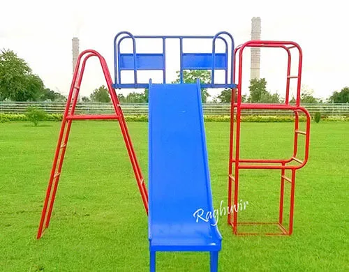 red & blue metal A to B climber with slide