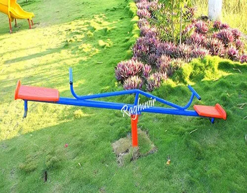 red and blue-single-person-see-saw-in garden