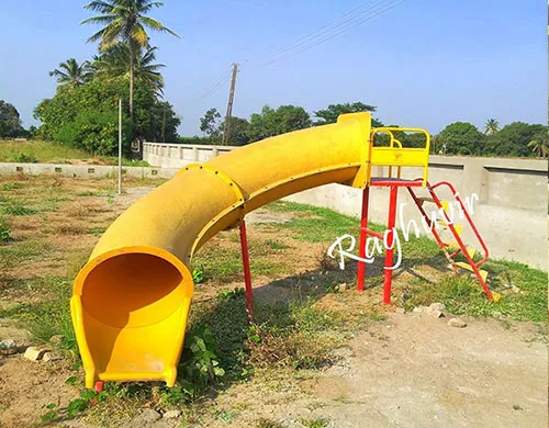 Yellow roller slide with red stairs